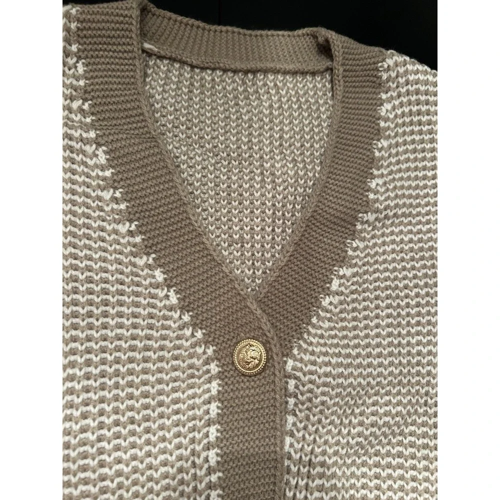 New Cardigan Sweater L Classy Taupe White Gold Time Buttons Large